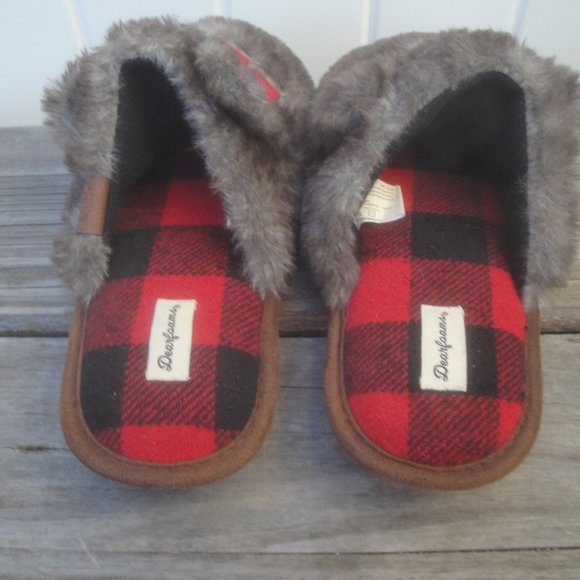 Dearforms Brown with Red "Lil Bear"Faux Fur Scuff Kids slippers w/ ears Size 3-4 - Picture 5 of 9